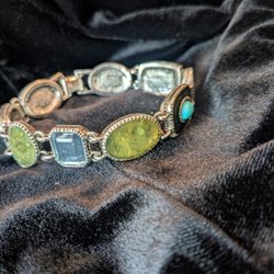 Vintage Liz Claiborne Turquoise & Olive Green Colours Enamel and Rhinestone Links Silver Tone Bracelet