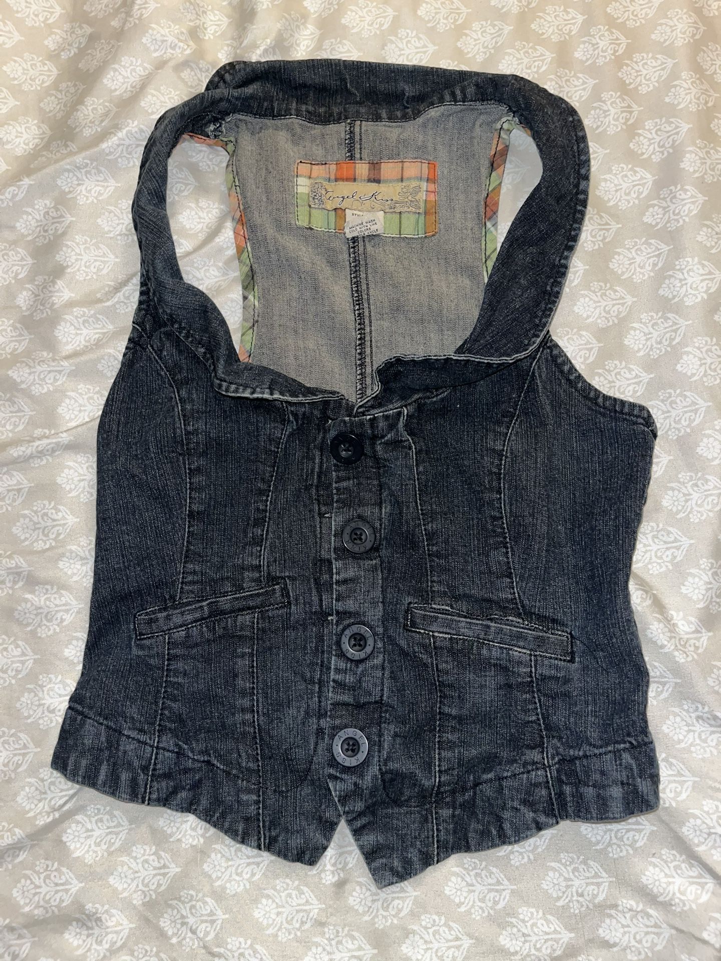 Vintage Denim Vest With Plaid Lining