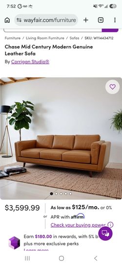 Mid Century Genuine Leather Brown Couch