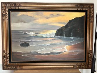 Large Original Coastal Seascape Oil Painting 24x36 in Vintage 32x44 Carved Wood Frame