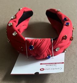 Twig & Arrow Women Rhinestone Embellished Red Jeweled Headband Wide Top Knot New