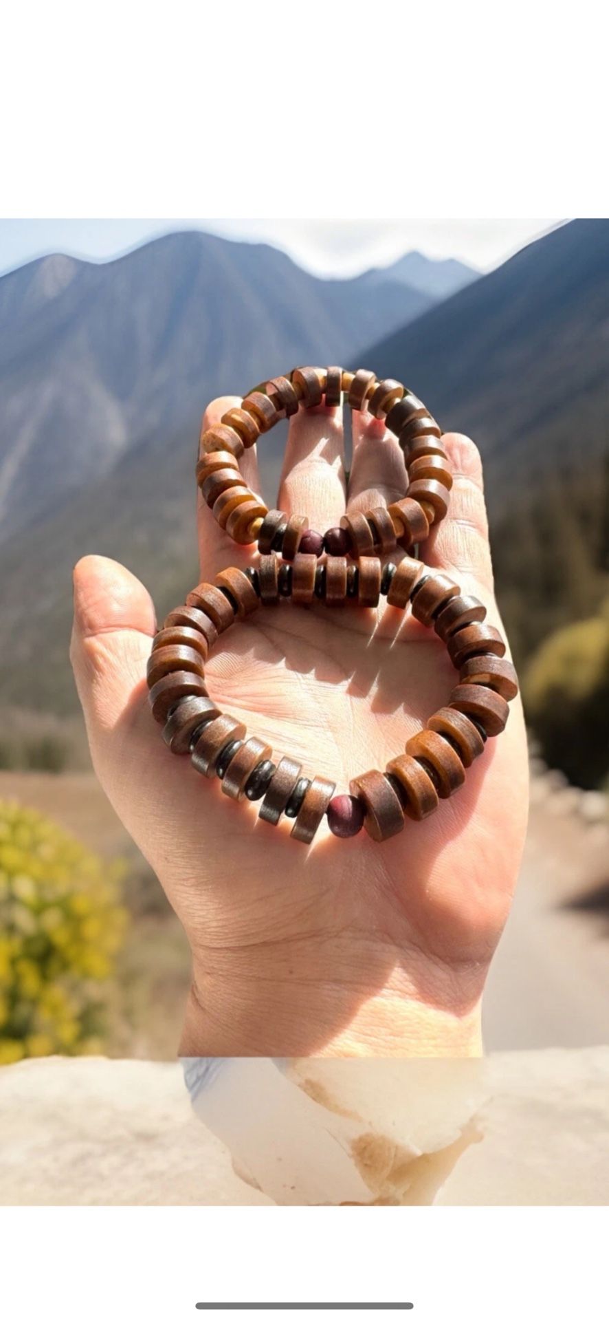 Vintage & Unique Shape 2 Tibetan Yak Bone Prayer & Yoga Stretchable Bracelets 3”inch wide without stretch & 70grams