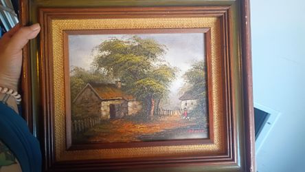 Small Signed Oil Painting Rural Landscape in Wood Frame