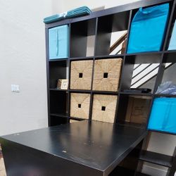 Ikea Expedit 5x5 And 4x4 Black Bookshelves, 2 Attached Desks, Bins