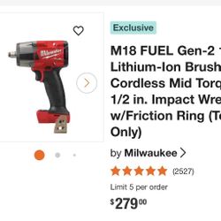 Milwaukee M18 FUEL Gen-2 18V Lithium-Ion Brushless Cordless Mid Torque 1/2 in Impact Wrench w/Friction Ring