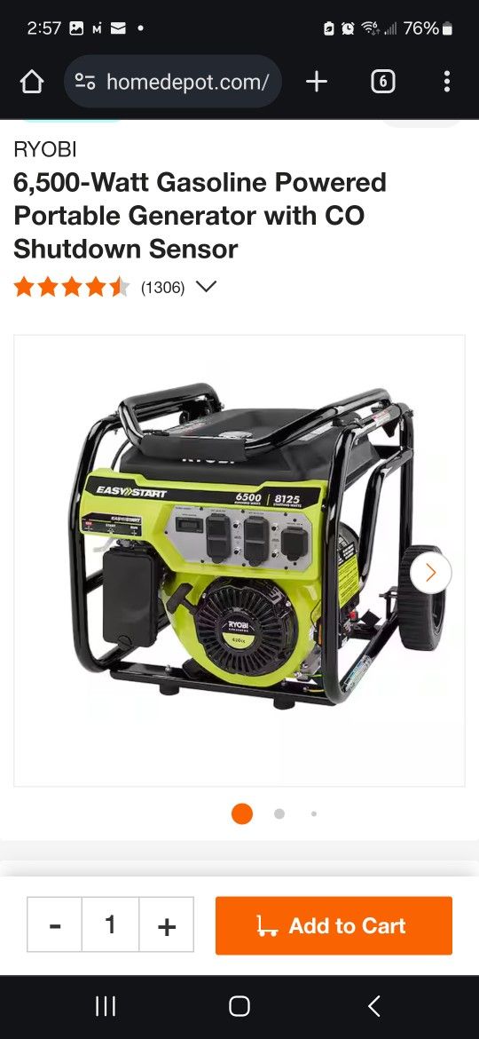 Generator RYOBI
6,500-Watt Gasoline Powered Portable Generator with CO Shutdown Sensor.