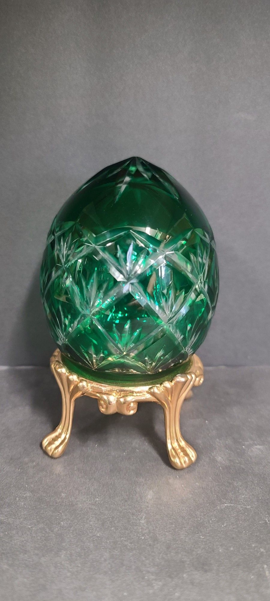 Beautiful Green Ajka Cut To Clear Hollow Hungarian Crystal Egg Paperweight With Stand