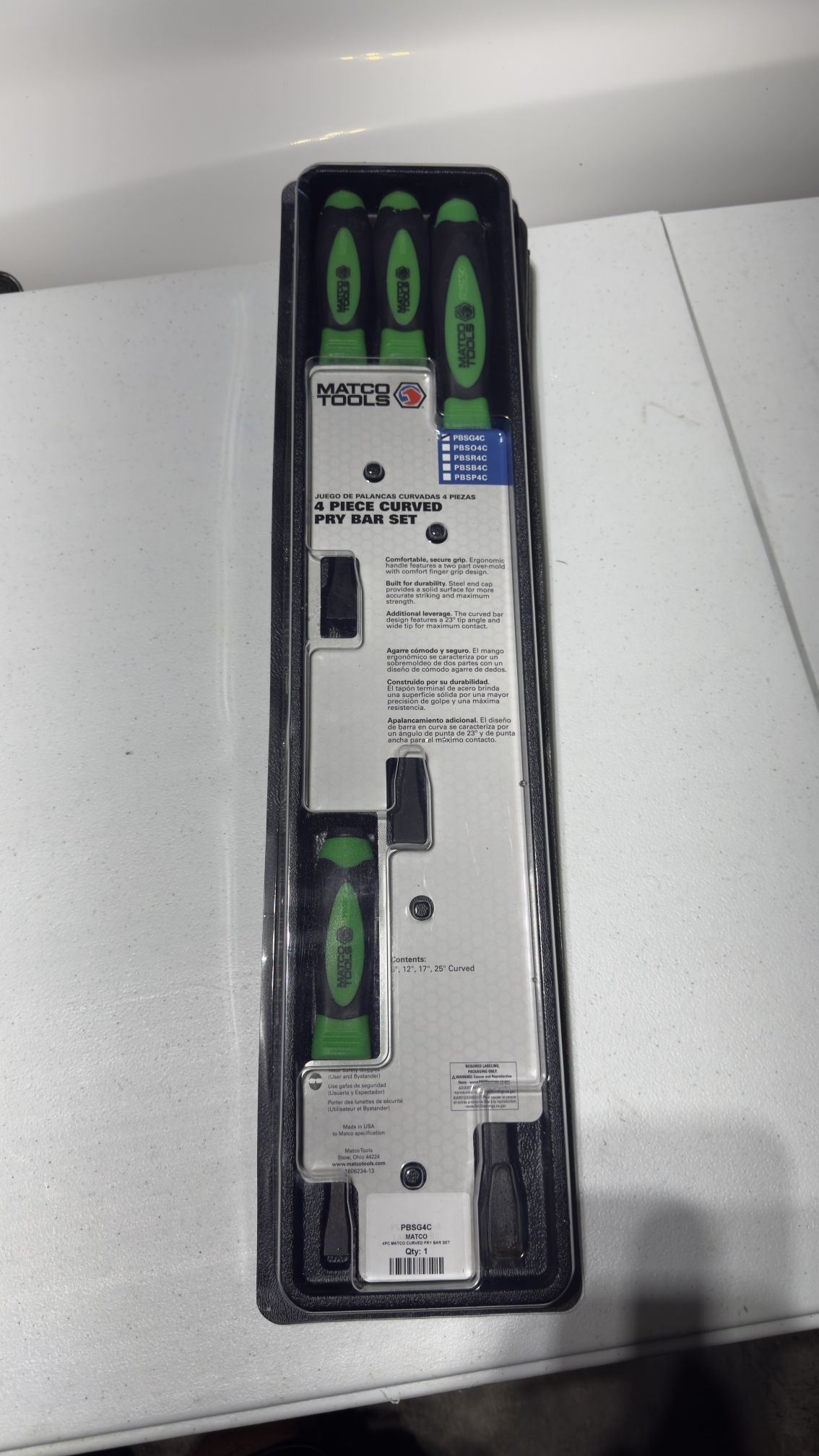 Matco 4 PIECE CURVED TIP PRY BAR SET - GREEN Part No. PBSG4C