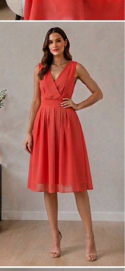 Coral Red V-Neck Midi Dress