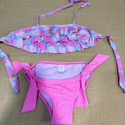 FISACE Girls Ruffle Printing Bathing Suits 2 Piece Cute Bow Tie Princess Bikini Swimsuits -  Hot Pink