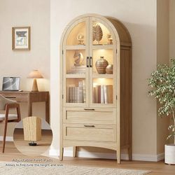 71" Arched Display Kitchen Pantry Cabinet with LED & 2 Drawer, Oak Farmhouse 71" Tall Arched Display Storage Cabinets with Adjustable Feet, Pantry Cab