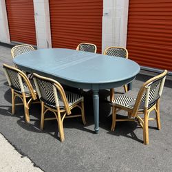 Boho Style Dining Set w Oval Farmhouse Country Shabby Chic Distressed Bamboo Rattan French Bistro Chairs