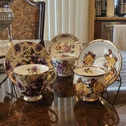 Antique Tea Cups & Saucers Fine Bone China England 3 Set Bundle / Vintage / Decorative / Home Decor / Living Room / Victorian / Mcm Hotel Regency
