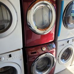 Samsung Front Load Washer And Stackable Gas Dryer Set In  Red