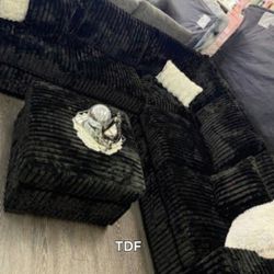 Brand New Black Fur Like Corduroy Sectional Sofa +Ottoman (New In Box) 