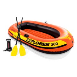 INTEX 58332EP Explorer 300 Inflatable Boat Set: Includes Deluxe Aluminum Oars And Mini Hand-Pump – 3-Person