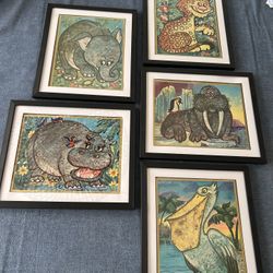 Under glass menagerie; Five As Found Vintage 1960s Framed Embossed Prints by Edna Viera (Monte)
