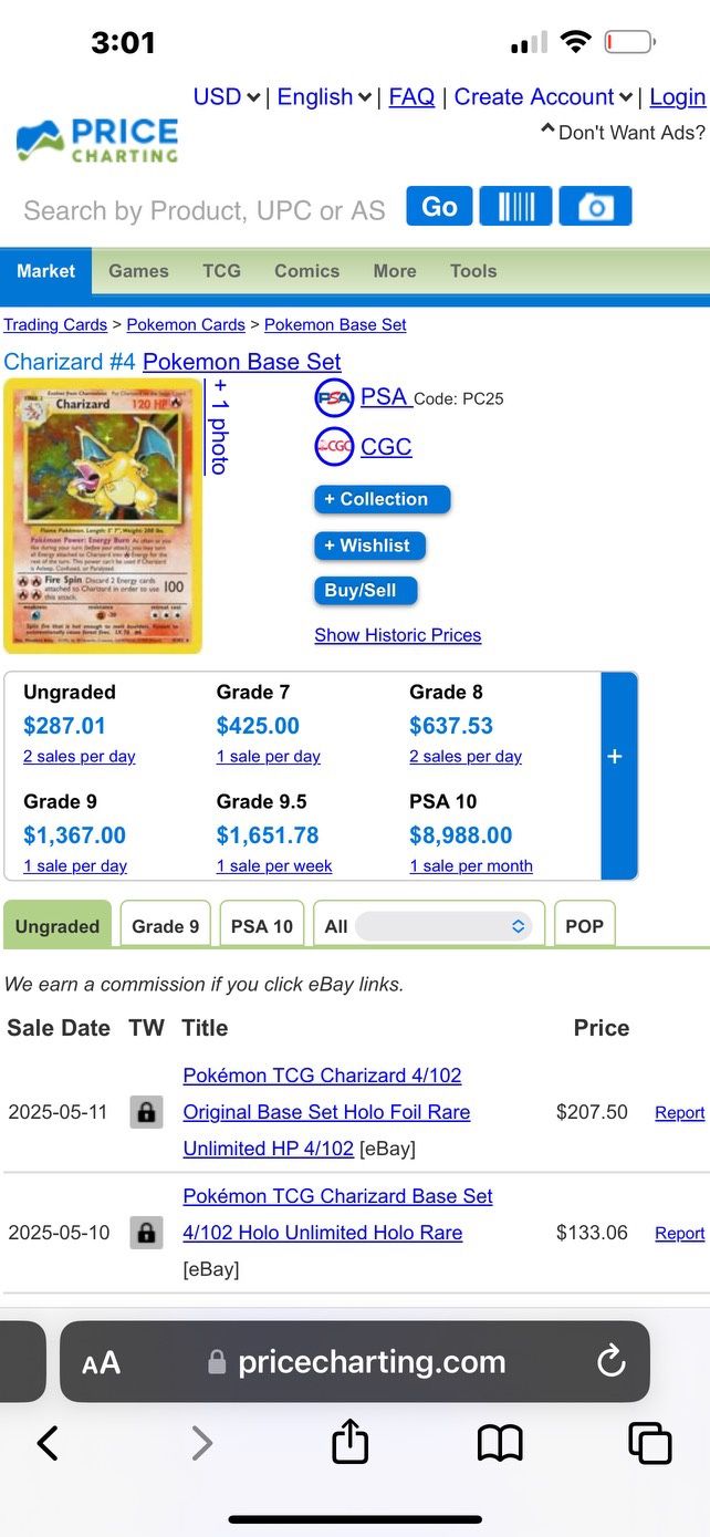 Pokémon TCG Charizard 4/102 Original Base Set Holo Foil Rare Unlimited HP 4/102