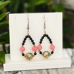 Black Onyx And Rhodochrosite Hoop Earrings 