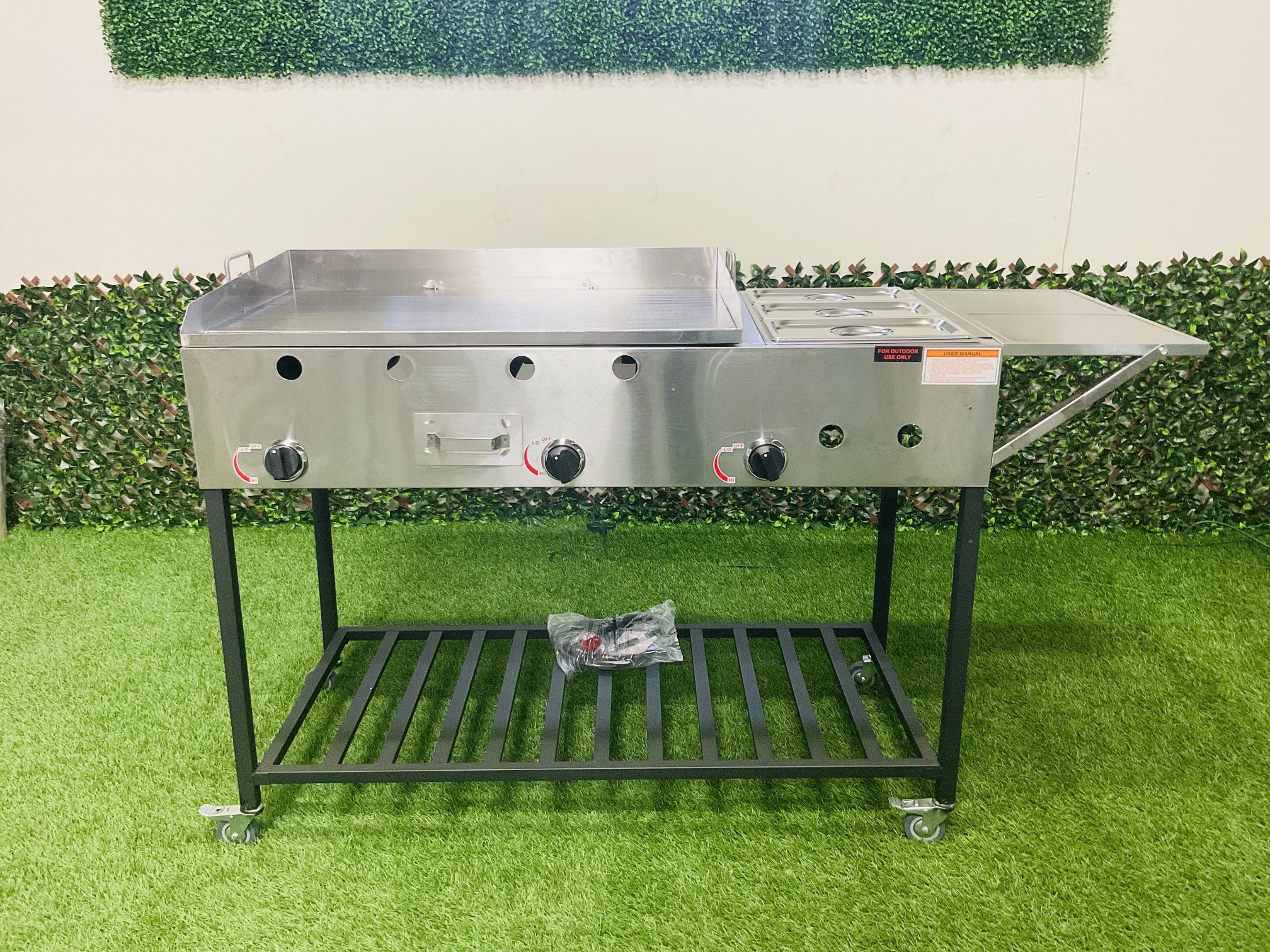 Taco Cart Catering Cart 36” Stainless Steel Flat Top Griddle + Steamers & Side Table Outdoor Propane