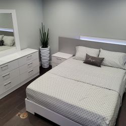 Glossy White & Grey BEDROOM SET with LED LIGHT / Juego De Cuarto Blanco Brillante 🔥🔥