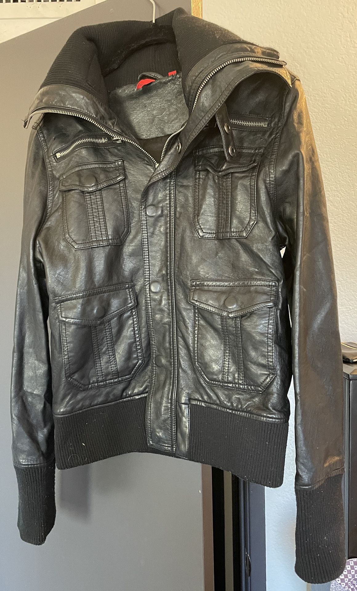 Black Leather Women’s Bomber Jacket, Size M, from Saks