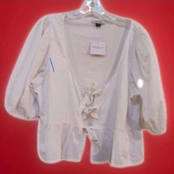 American Eagle Top  XL Puff Sleeve Tie Front in White Bow Plunge Neck Cotton