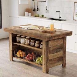 JW1252AB 55 Inches Kitchen Island with Storage, 3-Tier Farmhouse Wooden Stationary Island Table with Large Worktop & Leg Room, Modern Coffee Bar Table