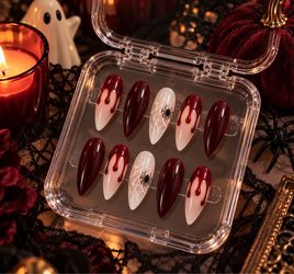 Halloween Press On Nails – Blood Drip Spider Web Almond Gel Nails