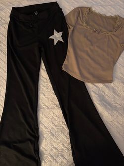 Juniors Black Flare Pants with Star Patch