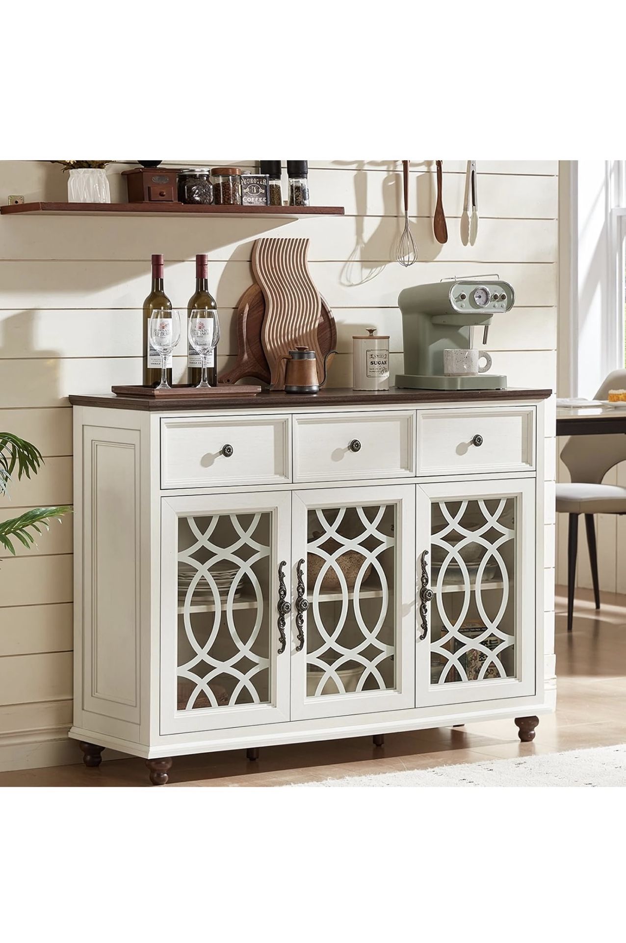 Farmhouse Sideboard Buffet Cabinet with Storage,48" Large Credenza with 3 Glass Doors & 3 Drawers,Adjustable Shelves Console Table,Wood Kitchen Coffee