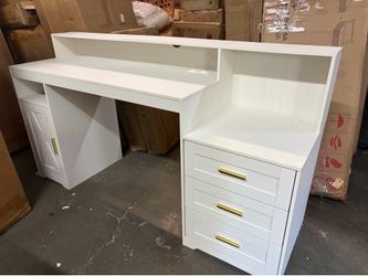 65'' Home Office Desk with Power Outlets, Storage Cabinet and Printer Stand, Study Writing Desks with Long Monitor Stand, White