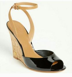 Tory Burch Ashton Black Patent Sculpted Wedge Heels Size 7