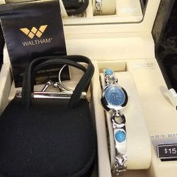$15.00 - Watch Gift Set By Waltham!  Stunning Blue Stones On Watch + Coin Purse With Keychain! Needs New Battery - ON SALE NOW!