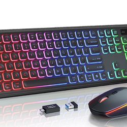 Wireless Keyboard and Mouse Combo - RGB Backlit, Rechargeable & Light Up Letters, Full-Size, Ergonomic Tilt Angle, Sleep Mode, 2.4GHz Quiet Purple Key