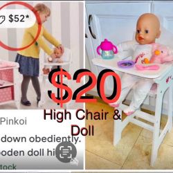 $20 Bundle of Wooden High Chair & Laughing/ Crying light up Baby Doll like new batteries included