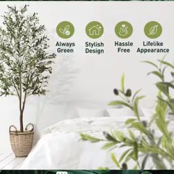 Fencer Wire 7 ft. Green Artificial Olive Tree, Faux Plant in Pot for Indoor...