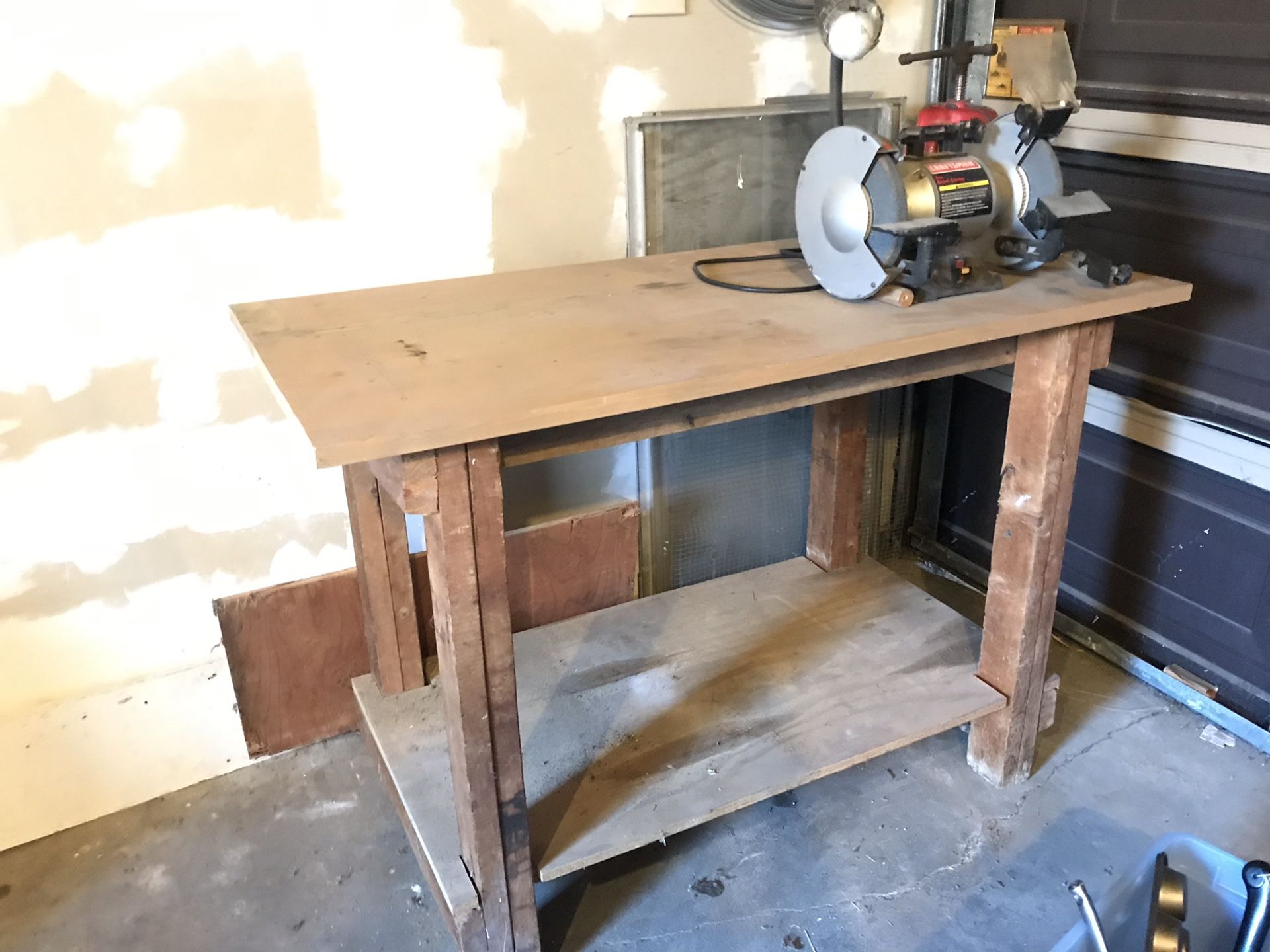 Work bench with Grinder and Wood Clamp Attached