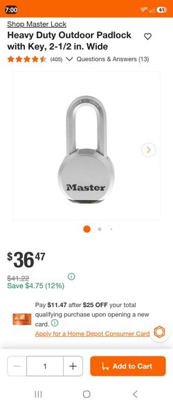 Master Lock
Heavy Duty Outdoor Padlock with Key, 2-1/2 in. Wide