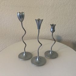 Trio of Dancing Flower Candle Holders Silver Metal