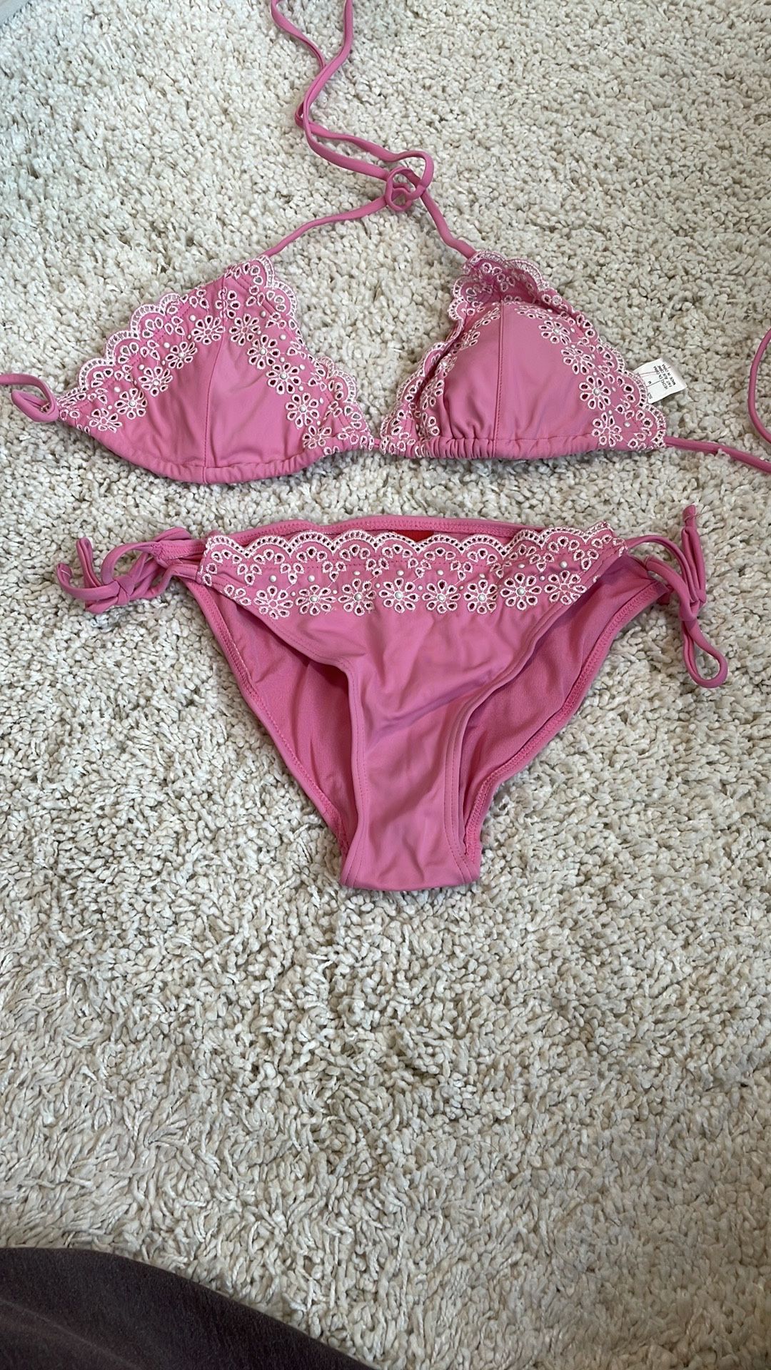 Swimsuit Pink Bikini with White Lace Trim medium triangle top swimsuit Esprit like new