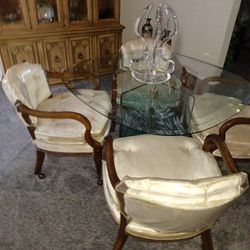 Etched Glass dining room table 4 bucket chairs. NEVER SAT ON*NEW* UNIQUE with centerpiece Sold As A SET 