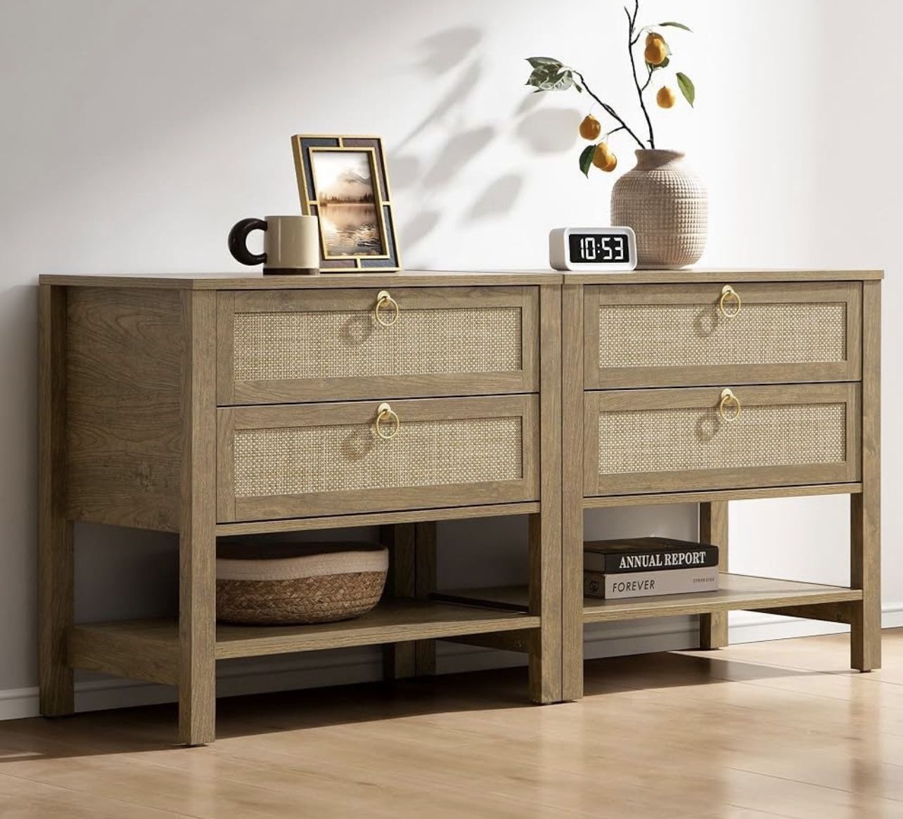 Set of 2,Night Stand with Drawers and Storage Shelf - Large Nightstands Rattan Decor Boho Bedside Table Narrow Side Table for Bedroom,