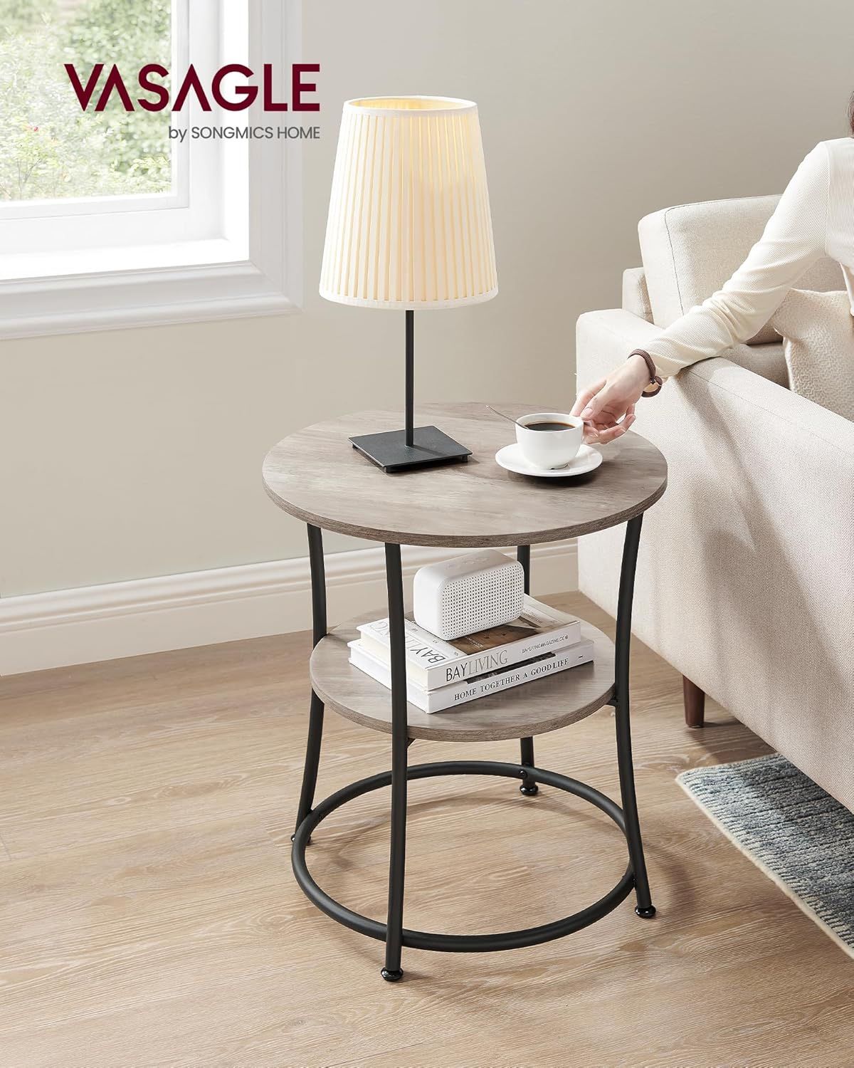 Side Table, Round End Table with 2 Storage Shelves