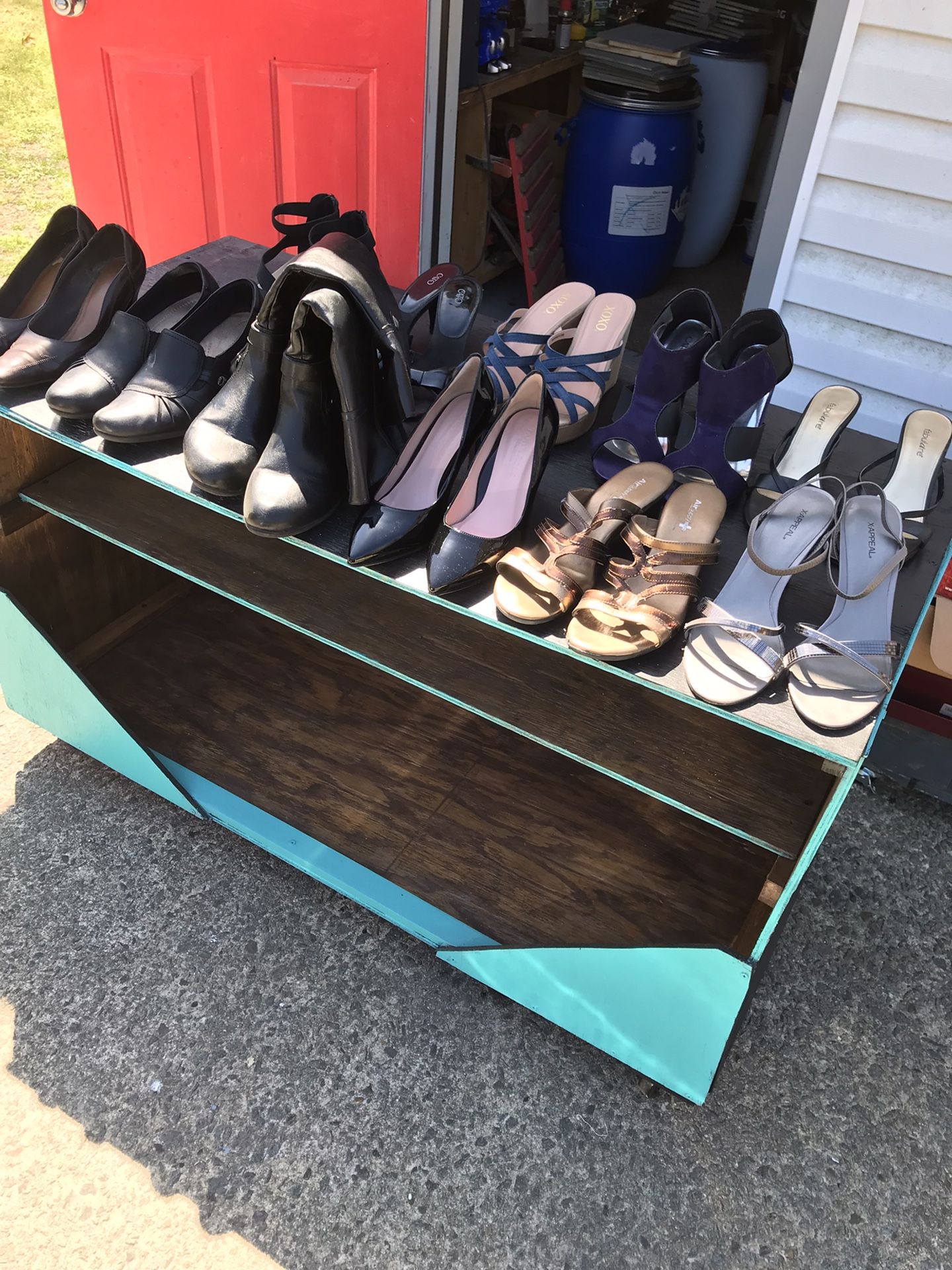 11 Pair Ladies Heels With A Storage Bench On Wheels Sold Together