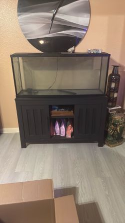 50 gallon aquarium - fish tank - lid, lights, pump, with black stand with cabinets and shelves…new, never been used.