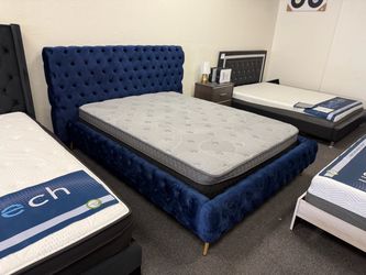 Blue Velvet Tufted Upholstered Bed Frame