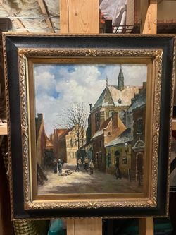 Original Oil Painting European Village Street Scene - Ornate Gilt Frame - 33.5x30”