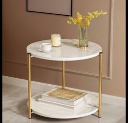 Round Marble Look 2-Tier Side Table with Gold Legs