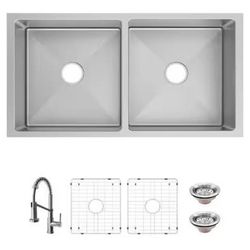 Glacier Bay Tight Radius 36 in. Undermount 50/50 Double Bowl 18 Gauge Stainless Steel Kitchen Sink with Spring Neck Faucet